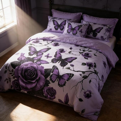 Vintage Floral Comforter Set Twin Size, Purple Floral Bedding Set for Gothic Bedroom Decor, 2 Pieces Soft Microfiber Lightweight Comforter Set with 2 Pillowcases, 68"x86"