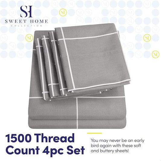 Twin Size Bed Sheets - 4 Piece 1500 Supreme Collection Fine Brushed Microfiber Deep Pocket Twin Sheet Set Bedding - 1 EXTRA PILLOW CASES, GREAT VALUE, Twin, Window Pane Gray