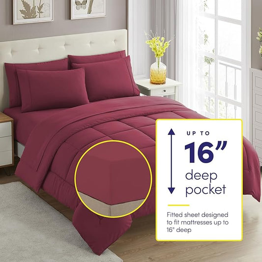 Sweet Home Collection 7 Piece Comforter Set Bag Solid Color All Season Soft Down Alternative Blanket & Luxurious Microfiber Bed Sheets, Burgundy, Twin XL (Pack of 4)