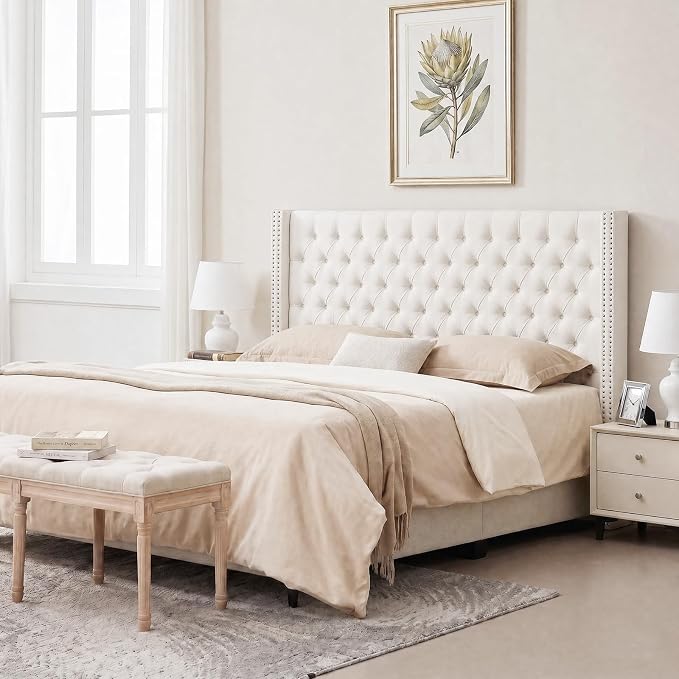 Madison Park King Wingback Upholstered Tufted Headboard, Featuring High-Density Sponge Padding, Adjustable Height Headboard, Easy Assembly, Beige Velvet