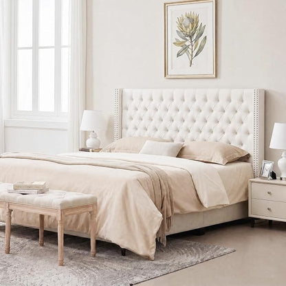 Madison Park King Wingback Upholstered Tufted Headboard, Featuring High-Density Sponge Padding, Adjustable Height Headboard, Easy Assembly, Beige Velvet
