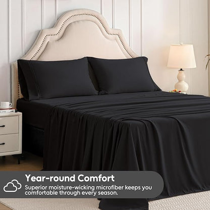 Queen Sheet Set, 4 Pieces Hotel Luxury Soft Microfiber Queen Bed Sheets Set, Up to 16" Deep Pockets, Oeko-Tex Sheets with Elastic, Breathable, Wrinkle Free(Black,Queen)