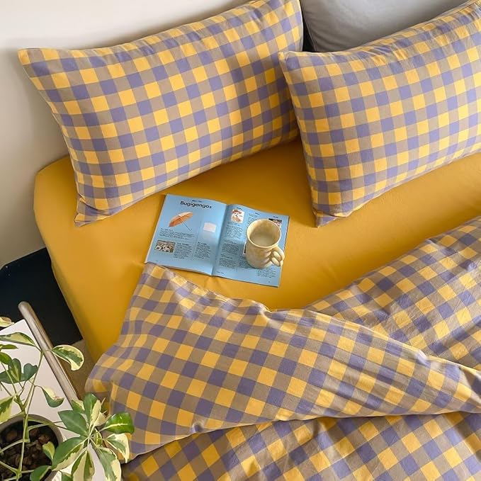 MKXI Purple & Yellow Plaid Duvet Cover Set - 3 Piece Washed Cotton Reversible Bedding King Soft Vintage Checkered Design with Zipper Closure & Corner Ties