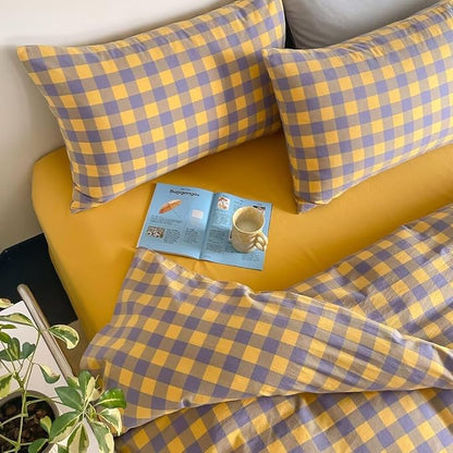 MKXI Purple & Yellow Plaid Duvet Cover Set - 3 Piece Washed Cotton Reversible Bedding King Soft Vintage Checkered Design with Zipper Closure & Corner Ties