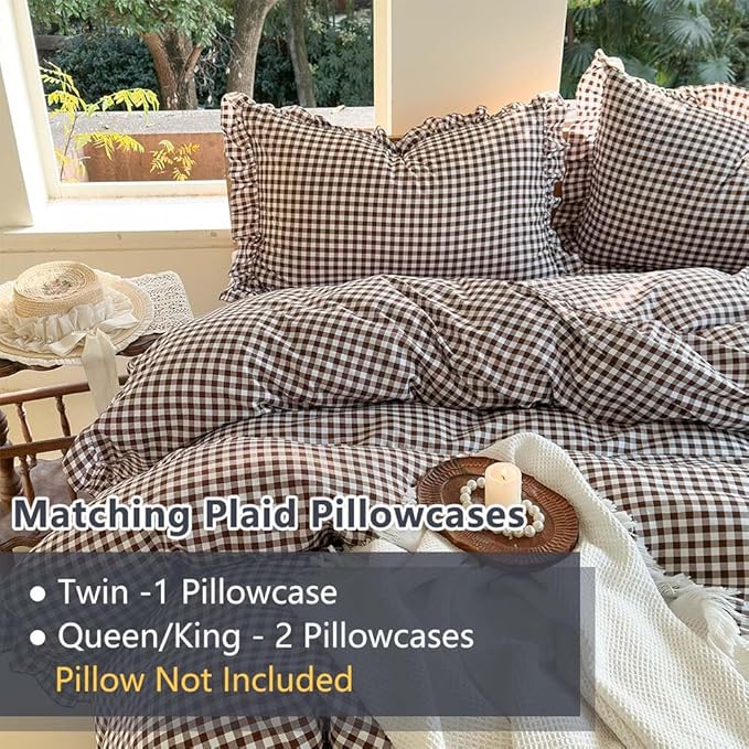 NSNLGSGC Mocha Ruffle Gingham Comforter Set Twin, Pre-Washed Ruffled Coffee Plaid Checked Comforter Bedding, 2 Pieces Vintage Farmhouse Grid Bedding Set(Mocha Gingham, Twin)