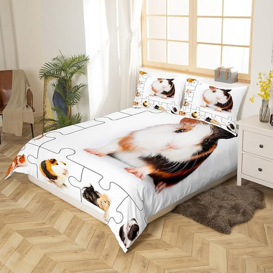 Castle Fairy Guinea Pig Bedding Set Full Size,Lovely Animals 3D Cavy Duvet Cover for Teenagers Bedroom Decor,Cute Guinea Pigs Pet Bed Set of 3 Piece with Zipper Closure,No Comforter