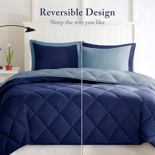 Madison Park Comforter Set, Reversible Down Alternative All Season Microfiber Bedding, 3M Scotchgard Stain Release, King Dorm Comforter, Navy/Light Blue