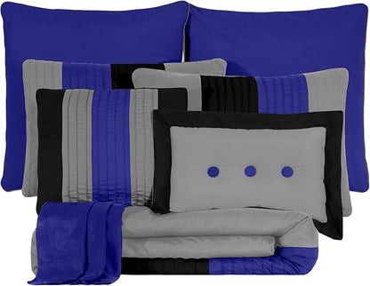 Chezmoi Collection Loft 8-Piece King Comforter Set, Gray/Blue/Black Luxury Striped Bedding for All Season