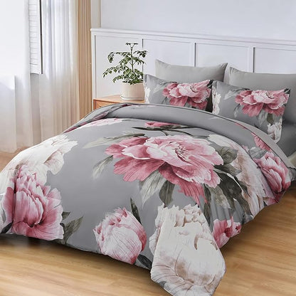 Dobuyly Pink and Grey Comforter Set King Size 7 Piece Bed in a Bag, Floral Printed on Gray Comforter Set with Sheets, Soft Microfiber Botanical Complete Bedding Set for All Season