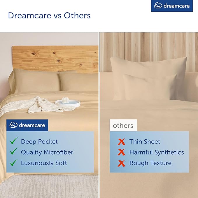DREAMCARE Queen Sheet Set – 6 pcs Cooling Bed Sheets – up to 21” Deep Pocket Queen Sheets Set – 2500 Supreme Collection – Extra Soft 100% Brushed Microfiber Hotel Luxury with Side Pocket, Wheat