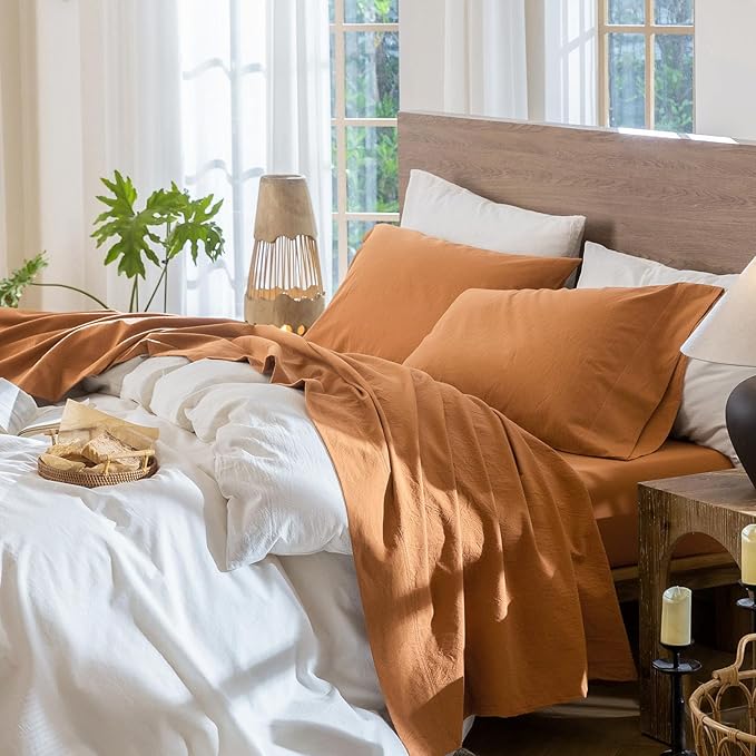MooMee Bedding Sheet Set 100% Washed Cotton Linen Like Textured Breathable Durable Soft Comfy (Solid Burnt Orange, Full)