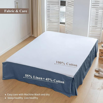 BISELINA French Linen Bed Skirt with Pleated Corner 14-Inch Tailored Drop Natural Flax Cotton Blend Basic Dust Ruffle Soft Cozy Farmhouse Bedding (14" King, Basic Navy Blue)