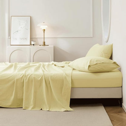 JIYUAN California King Size Sheet Set, 4-Piece - 100% Washed Cotton, Linen-Like Soft & Breathable, Includes Deep Pocket Fitted & Flat Sheet with 2 Pillowcases, Hotel Quality, Solid Light Yellow