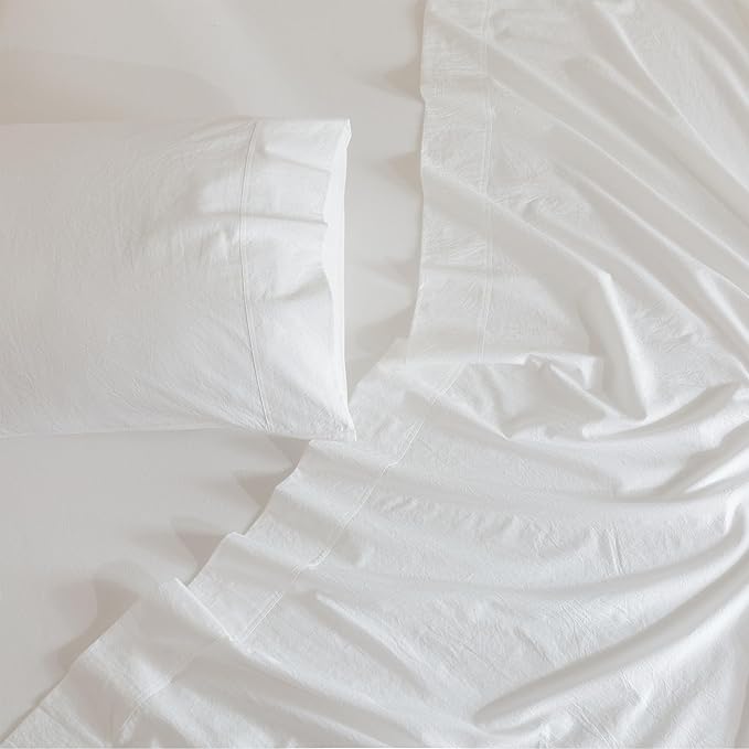 JIYUAN Queen Size Sheet Set, 4-Piece - 100% Washed Cotton, Linen-Like Soft & Breathable, Includes Deep Pocket Fitted & Flat Sheet with 2 Pillowcases, Hotel Quality, Solid Bright White