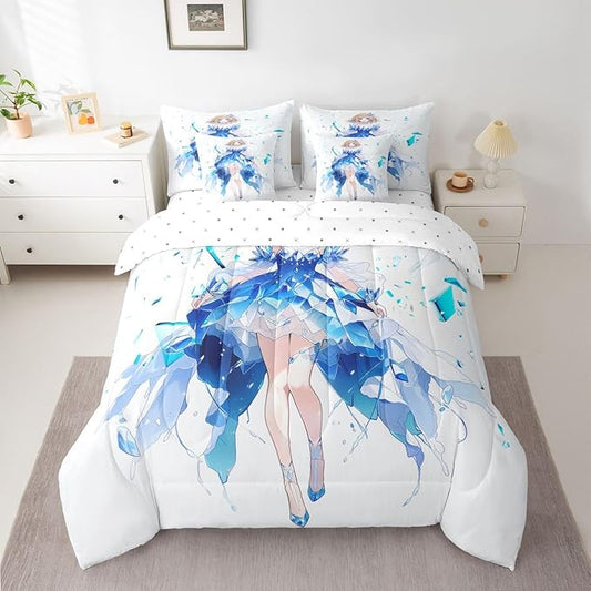 Erosebridal Anime Girl Twin Comforter Set 7 Piece Japanese Girl Bedding Set,3D Anime Cartoon Bed in A Bag for Kids,Japanese Style Sheet Set with Comforter(Blue)