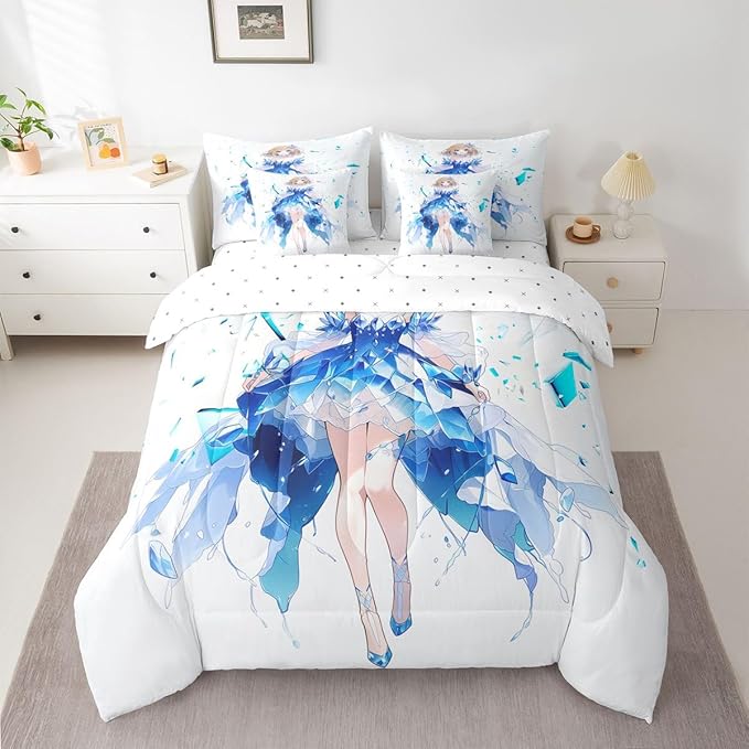 Erosebridal Anime Girl Full Comforter Set 7 Piece Japanese Girl Bedding Set,3D Anime Cartoon Bed in A Bag for Kids,Japanese Style Sheet Set with Comforter(Blue)