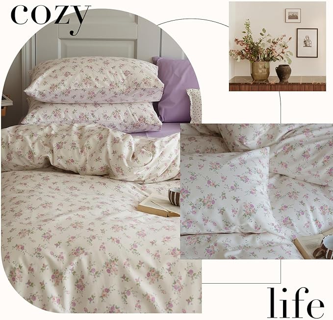 HighBuy Garden Floral Full Size Comforter Set Purple Flower Fluffy Boho Chic Floral Bedding Comforter Set 3 Piece Bedding Set Girls Fresh Botanical Comforter Set for All Season Bed Set