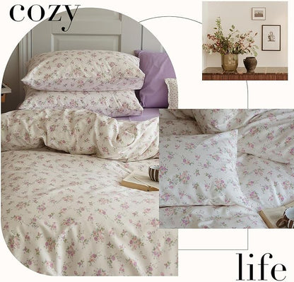 HighBuy Garden Style King Size Comforter Set Lilac Floral Boho Bedding Comforter Sets Lightweight Aesthetic Bedding Set 3 Piece,1 Floral Comforter King Size Fluffy and 2 Pillowcases King