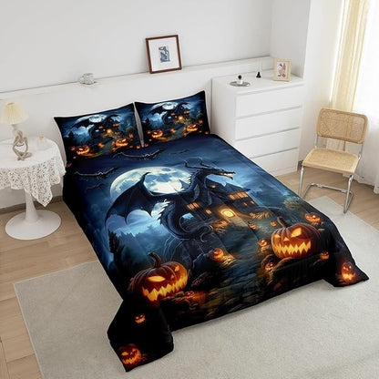Halloween Dragon Comforter Set King Size,Pumpkin Wooden Cabin Bedding Set for Kids Boys Girls Room Decor,Moonlight Bat Wild Animal Duvet Insert 3Pcs,Western Magical Dragon Quilt Set,2 Pillowcases