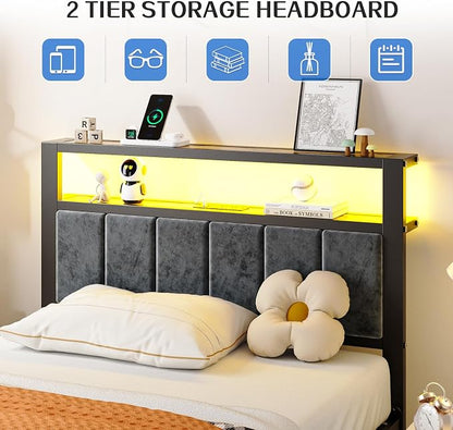 Liians Twin Size Bed Frame with LED Lights, Grey Upholstered Headboard | Platform Bed with 2-Tier Storage Shelf, Charging Station, Noise Free, No Box Spring Needed, Easy Assemably