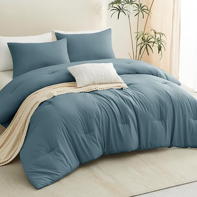 CozyLux Full Size Comforter Set Mineral Blue, 3 Pieces Solid Breathable Quilted Bedding Sets, Luxury Lightweight Soft Bed Set with Down Alternative Comforter and 2 Pillowcases for All Seasons