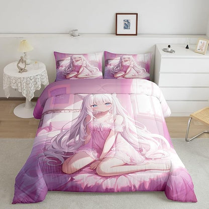 Erosebridal King Size Japanese Anime Comforter Set for Kids, Anime Girl Bedding Set Kawaii Japanese Style Quilt Cartoon Japan Animation Duvet Insert for Boys Teens Adult Women Bedroom, Pink