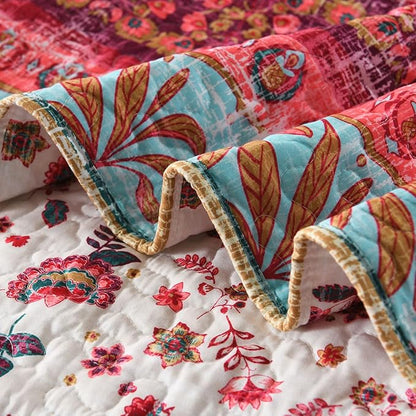 Boho Style King Quilt Set Reversible Bohemian Floral Strip Quilt Beddding Set, Soft and Lightweight Bedspread for All Season, Oversize King Bed Coverlet with 2 Matching Pillow Shams (3 Pieces)