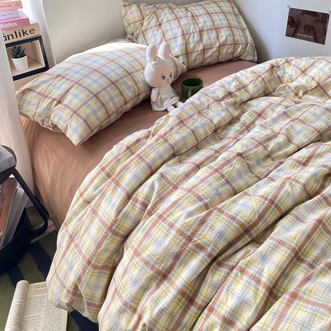 EAVD Vintage Style Buffalo Plaid Duvet Cover Set Twin Soft 100% Washed Cotton Chic Blue&Yellow&Brown Grid Plaid Bedding Set with 2 Pillowcases Farmhouse Gingham Duvet Cover with Zipper