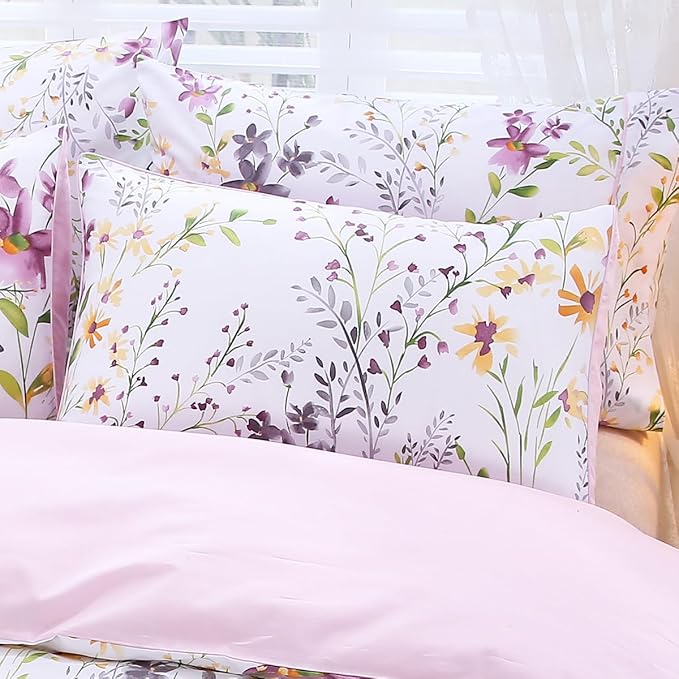 WINLIFE 100% Cotton Pillowcases Garden Floral Printed Pillow Cases Set of 2 Pillow Cover (King Size 20'' x 36'', Lilac)