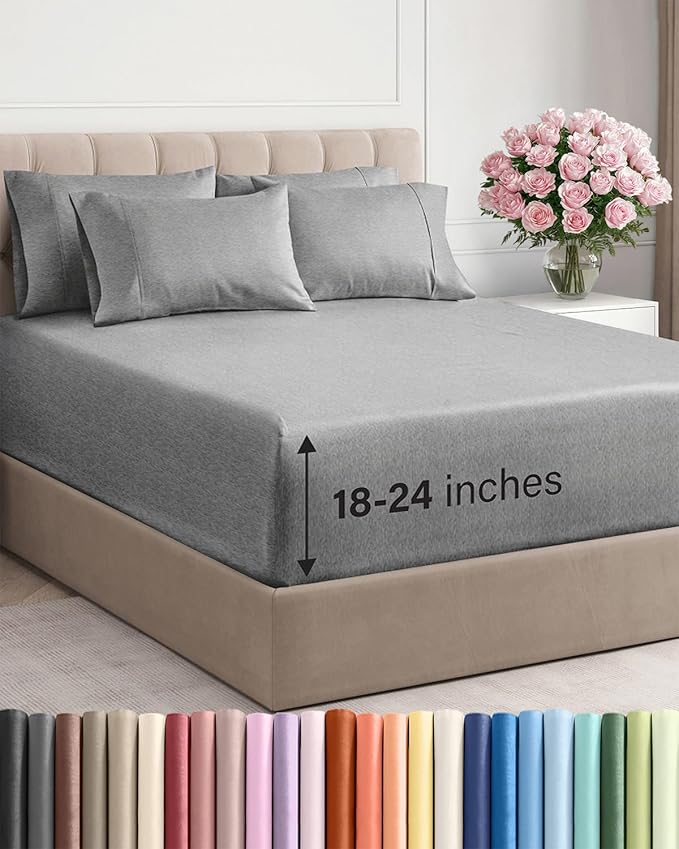 Extra Deep Queen Sheet Set - 6 Piece Breathable and Cooling Sheets - Hotel Luxury Bedding for Women, Men, Kids & Teens - Easy Secure Fit - Soft and Wrinkle Free - Extra Deep Pockets - Heathered Grey