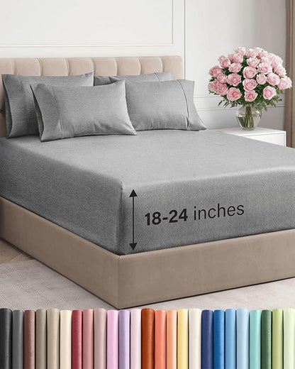 Extra Deep Queen Sheet Set - 6 Piece Breathable and Cooling Sheets - Hotel Luxury Bedding for Women, Men, Kids & Teens - Easy Secure Fit - Soft and Wrinkle Free - Extra Deep Pockets - Heathered Grey