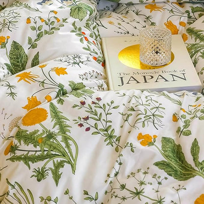 CLOTHKNOW Green White Floral King Size Comforter Set 3Pcs Farmhouse Bedding Sets Boho Flowers Botanical Comforters with 2 x Pillowcases
