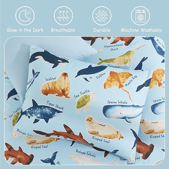 Twin Comforter Set for Boys Kids - 5 Pieces Glow in The Dark Ocean Animals Twin Bedding Sets for Kids, Ultra Soft Bed in A Bag with Sheets