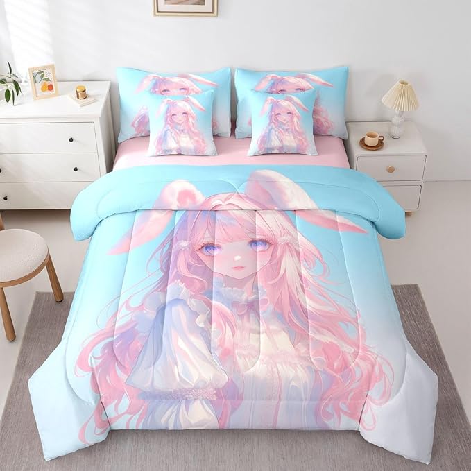 Erosebridal 3D Anime Girl Bedding Set,Japanese Girl Bed in A Bag Cartoon Anime Queen Comforter Set 7 Piece for Kids Teen Women Room Decor,Pink Kawaii Rabbit Doll Blue Bed Set