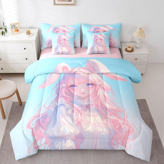 Erosebridal 3D Anime Girl Bedding Set,Japanese Girl Bed in A Bag Cartoon Anime Queen Comforter Set 7 Piece for Kids Teen Women Room Decor,Pink Kawaii Rabbit Doll Blue Bed Set