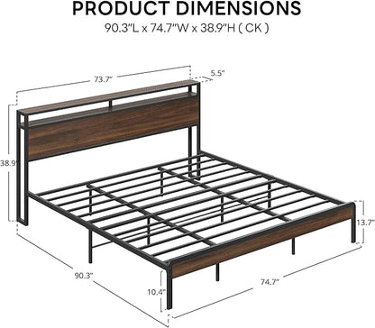 LIKIMIO California King Bed Frame with Headboard, Dark Wood Camas California King with Strong Supports, Sturdy, Noise-Free, No Box Spring Needed, Dark Walnut