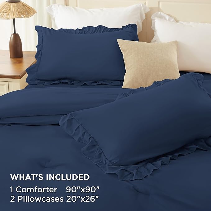Andency Navy Blue Queen Comforter Set (90x90Inch), 3 Pieces Lightweight Fluffy Ruffle Bedding Comforter Sets for Queen Bed, Farmhouse Shabby Chic Soft Polyester All Season Bed Set
