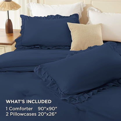 Andency Navy Blue Queen Comforter Set (90x90Inch), 3 Pieces Lightweight Fluffy Ruffle Bedding Comforter Sets for Queen Bed, Farmhouse Shabby Chic Soft Polyester All Season Bed Set