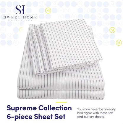 Queen Sheets Pinstripe White - 6 Piece 1500 Supreme Collection Fine Brushed Microfiber Deep Pocket Queen Sheet Set Bedding - 2 Extra Pillow Cases, Great Value, Queen, Pinstripe White