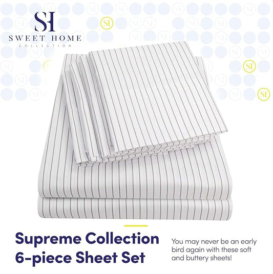 Queen Sheets Pinstripe White - 6 Piece 1500 Supreme Collection Fine Brushed Microfiber Deep Pocket Queen Sheet Set Bedding - 2 Extra Pillow Cases, Great Value, Queen, Pinstripe White