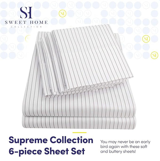Full Size Bed Sheets - 6 Piece 1500 Supreme Collection Fine Brushed Microfiber Deep Pocket Full Sheet Set Bedding - 2 Extra Pillow Cases, Great Value, Full, Pinstripe White
