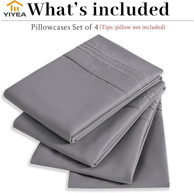 YIYEA Pillow Cases Queen Size Set of 4, Ultra Soft 1800TC Hotel Quality Double Brushed Microfiber Embroidered Pillowcases, Envelope Closure, Fade Resistant (20"x30", Medium Grey)