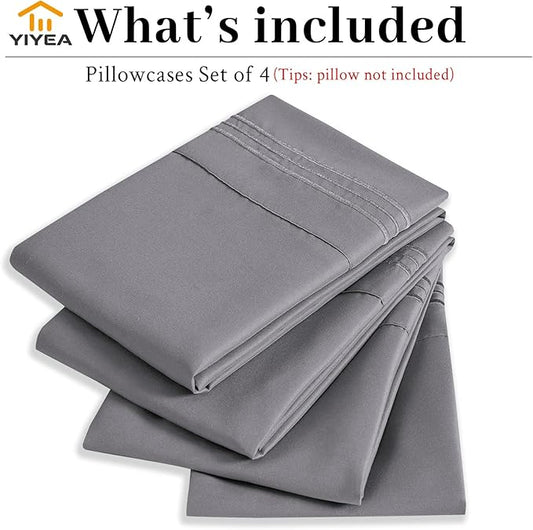 YIYEA Pillow Cases Queen Size Set of 4, Ultra Soft 1800TC Hotel Quality Double Brushed Microfiber Embroidered Pillowcases, Envelope Closure, Fade Resistant (20"x30", Medium Grey)