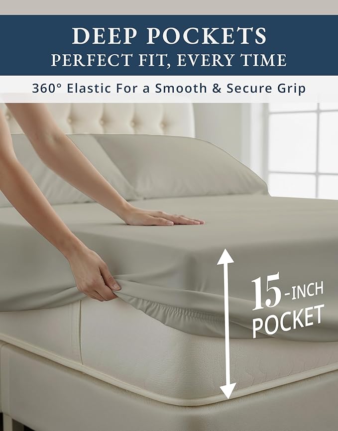 100% Egyptian Cotton Sheets King Size - Naturally Cooling & Breathable 4 Piece Silky Sateen Weave King Size Sheets Set, Ultra-Soft & Durable Hotel Luxury Sheets with 15" Snug Fit Deep Pockets - Silver