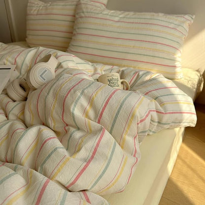 EAVD Vintage Colorful Striped Comforter Set Full Soft Cotton 3-Piece Retro Vertical Striped Bedding Set with 2 Pillowcases Boho Geometric Comforter Set for All-Season(Pink&Yellow&Blue, Full)