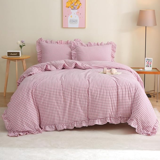 Vintage Pink/White Plaid Ruffle 3-Piece Duvet Cover Set King Size,Washed Cotton Shabby Gingham Checkered Bedding Set Farmhouse Comforter Set