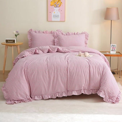 Vintage Pink/White Plaid Ruffle 3-Piece Duvet Cover Set King Size,Washed Cotton Shabby Gingham Checkered Bedding Set Farmhouse Comforter Set