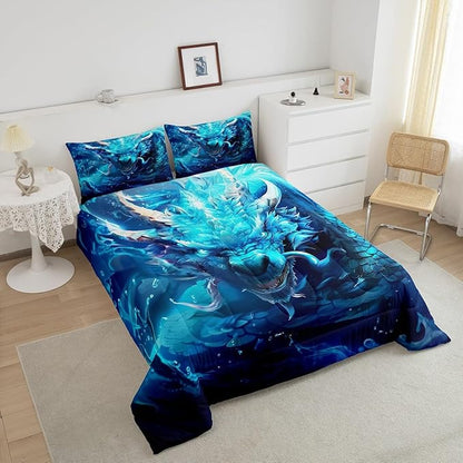 3D Dragon Bedding Set Full Size,Western Magical Dragon Gothic Comforter Set for Kids Boys Teens Men Room Decor,Waterdrop Nature Animal Duvet Insert 3Pcs,Wildlife Retro Quilt Set,2 Pillowcases