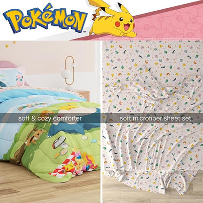 Pokemon Bedding Super Soft Comforter and Sheet Set with Sham, 4 Piece Twin Size, Featuring Snorlax, Pikachu, Eevee & Jigglypuff (Officially Licensed Product) by Franco