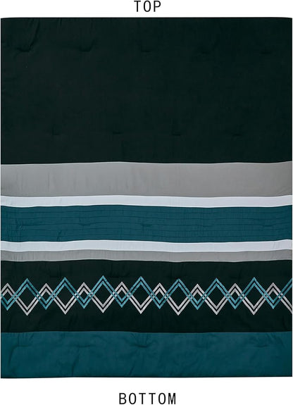 Chezmoi Collection Arden 7-Piece Modern Pleated Stripe Embroidered Zigzag Bedding Comforter Set (Queen, Teal/Black/Gray)